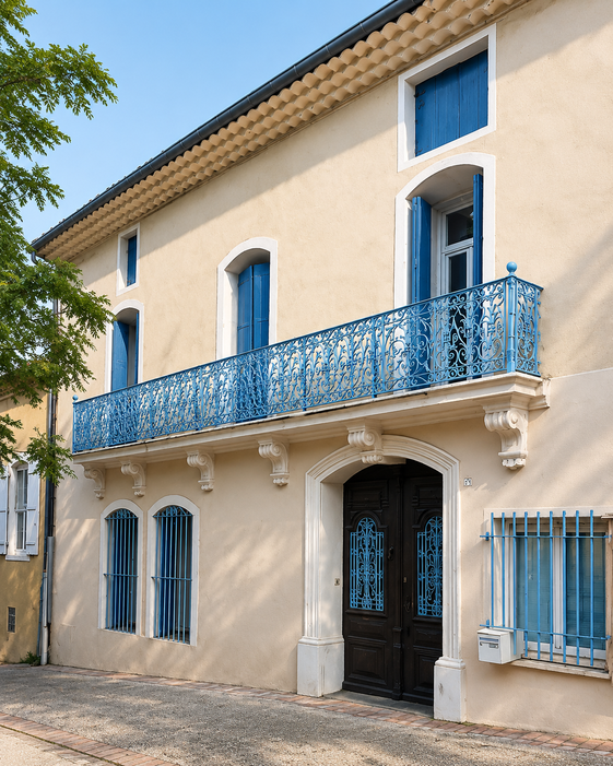 Façade de L’Arbre du Voyageur à Saint-Jean-de-Fos avec balcon et volets bleus