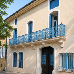 Façade de L’Arbre du Voyageur à Saint-Jean-de-Fos avec balcon et volets bleus