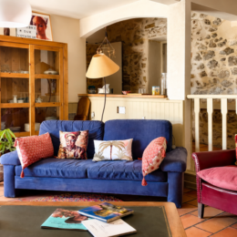 Espace salon convivial avec canapé bleu et fauteuil rouge